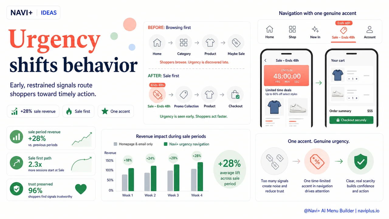 Outcome illustration for Urgency signals in navigation — how scarcity indicators and time-limited labels in menus accelerate purchase decisions