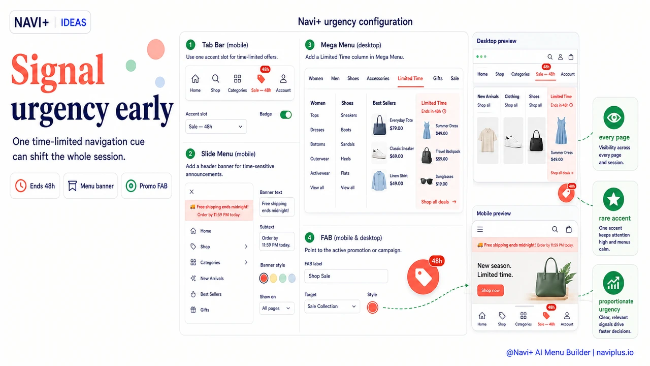 Solution illustration for Urgency signals in navigation — how scarcity indicators and time-limited labels in menus accelerate purchase decisions