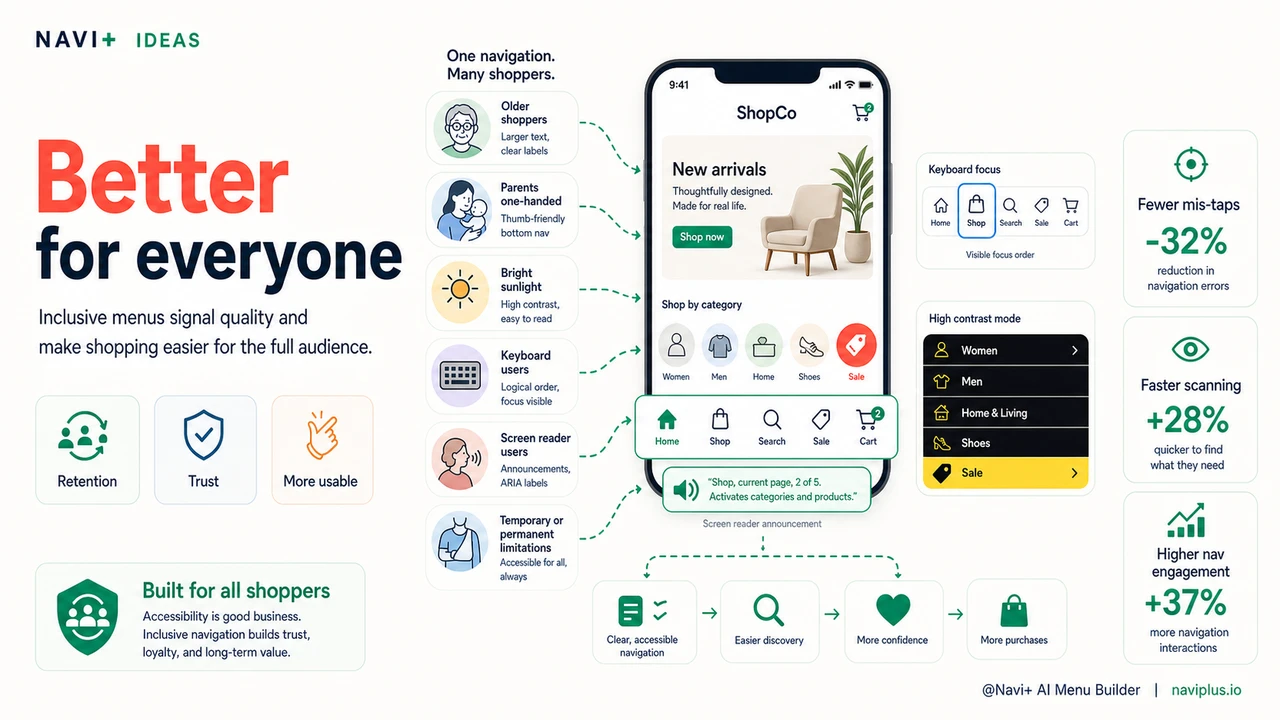 Outcome illustration for Accessible navigation is better navigation for everyone — the business case for inclusive menus