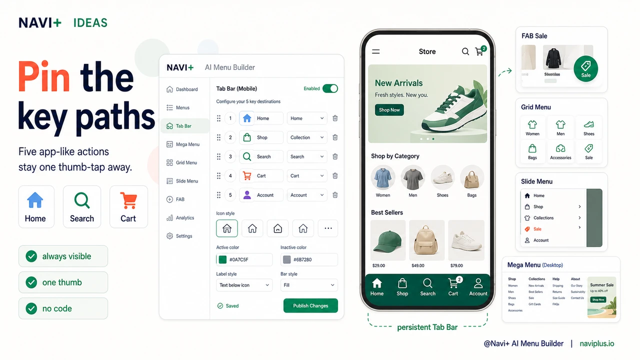 Navi+ builder configuring bottom Tab Bar actions for mobile ecommerce