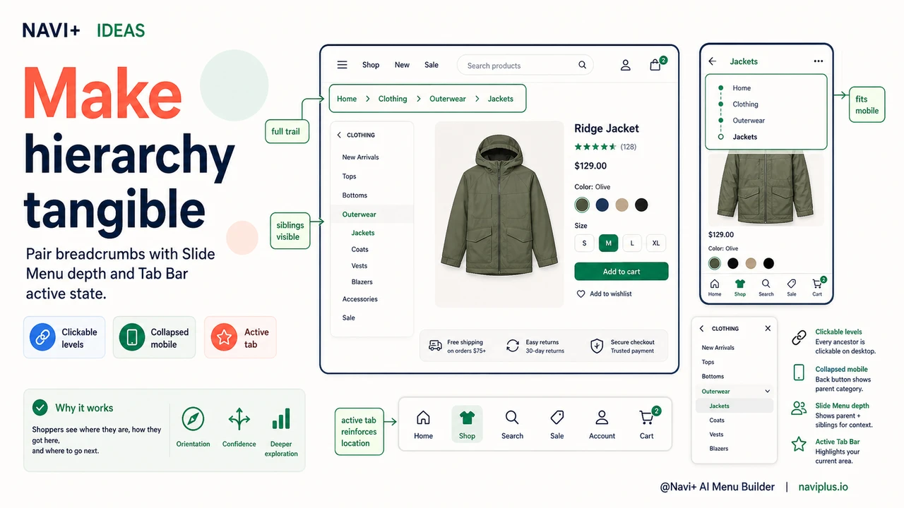 Solution illustration for Breadcrumb navigation — the orientation tool that keeps visitors exploring deeper