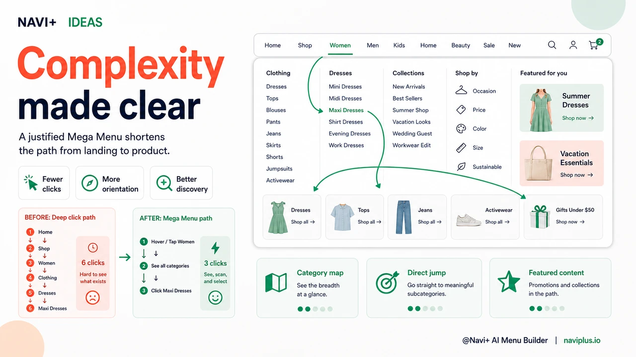 Outcome illustration for When to use a mega menu — the product catalog scale that justifies an expanded navigation layer