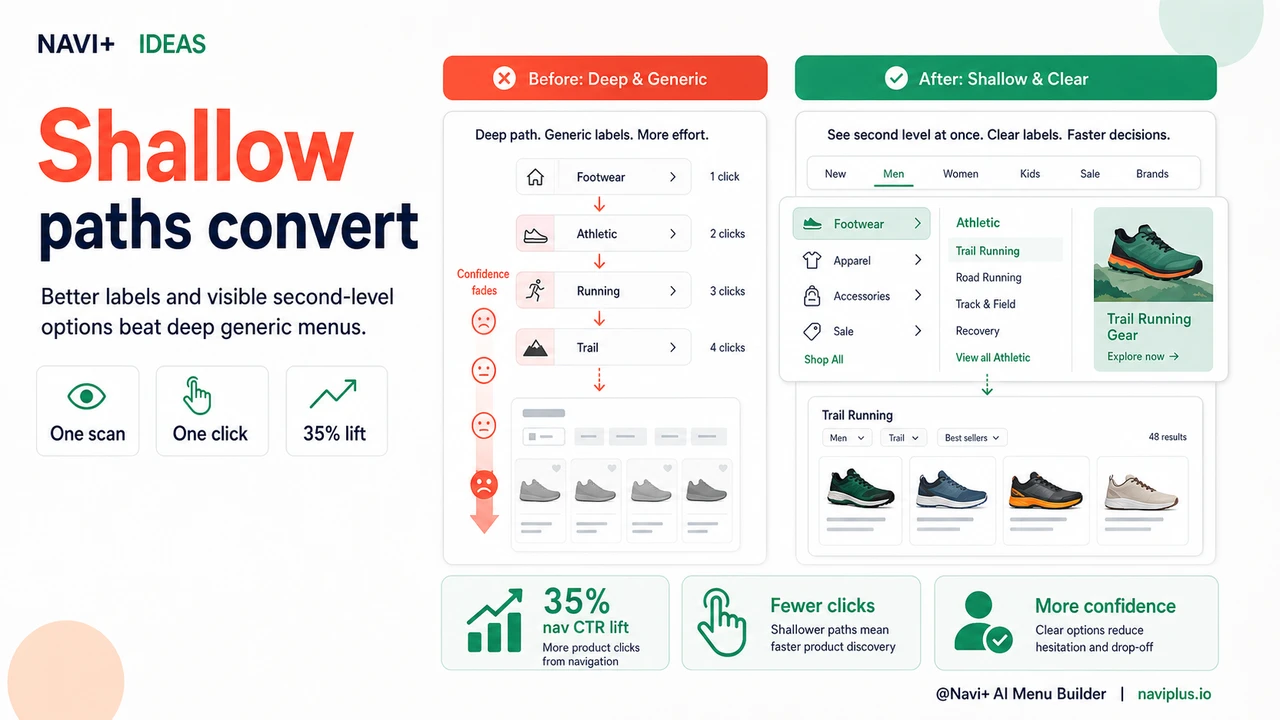 Outcome illustration for How deep should your navigation go — the case for shallower menus with better labels