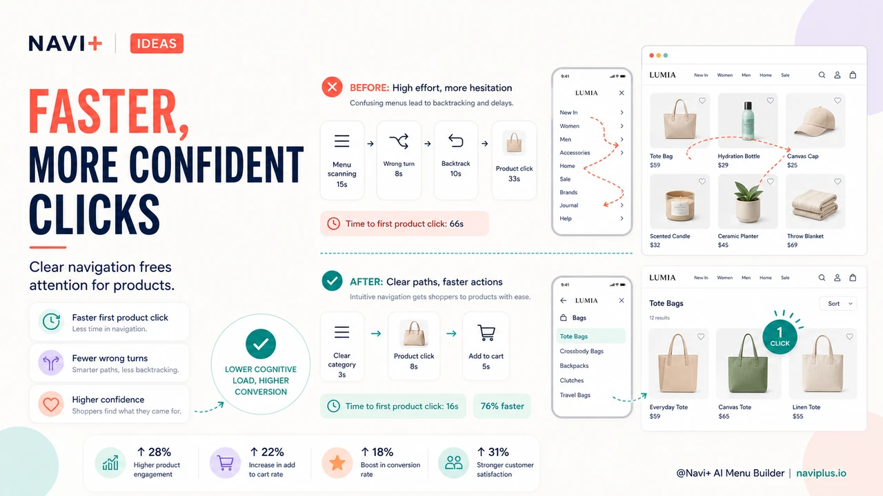 Outcome illustration for Reducing cognitive load in navigation — how fewer choices produce faster, more confident buying decisions