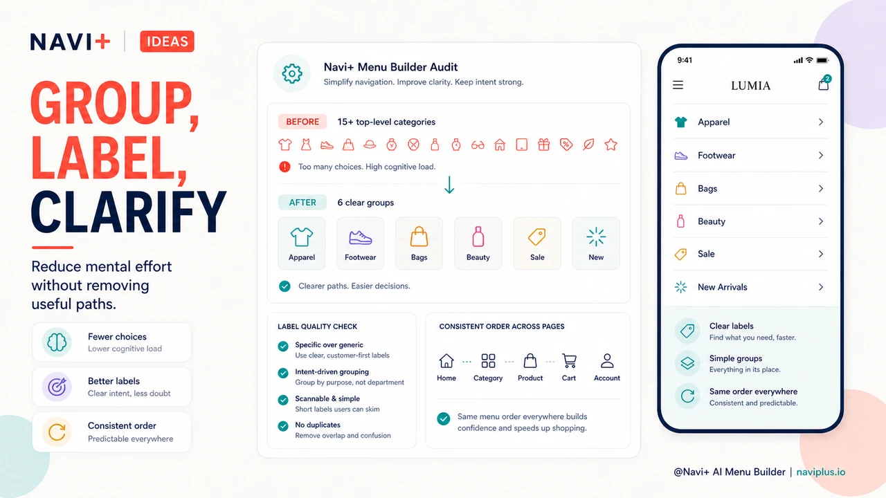 Solution illustration for Reducing cognitive load in navigation — how fewer choices produce faster, more confident buying decisions