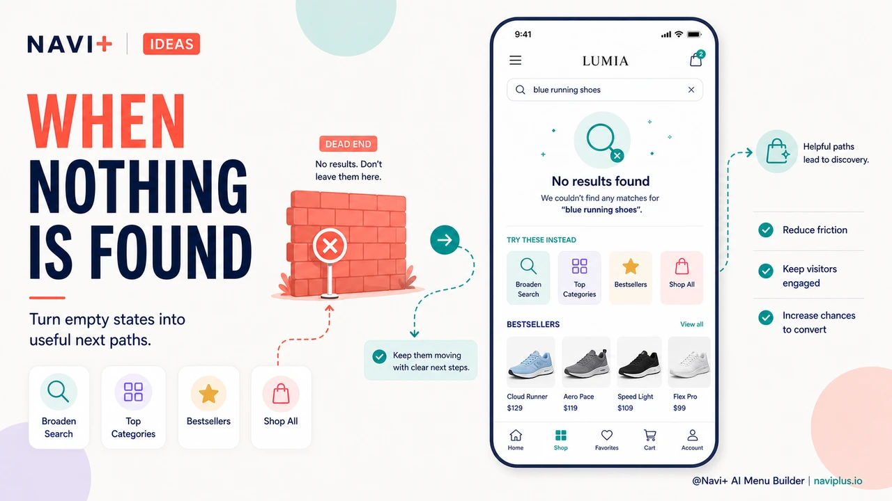An empty search results page with navigation suggestions — turning a dead end into a new path forward