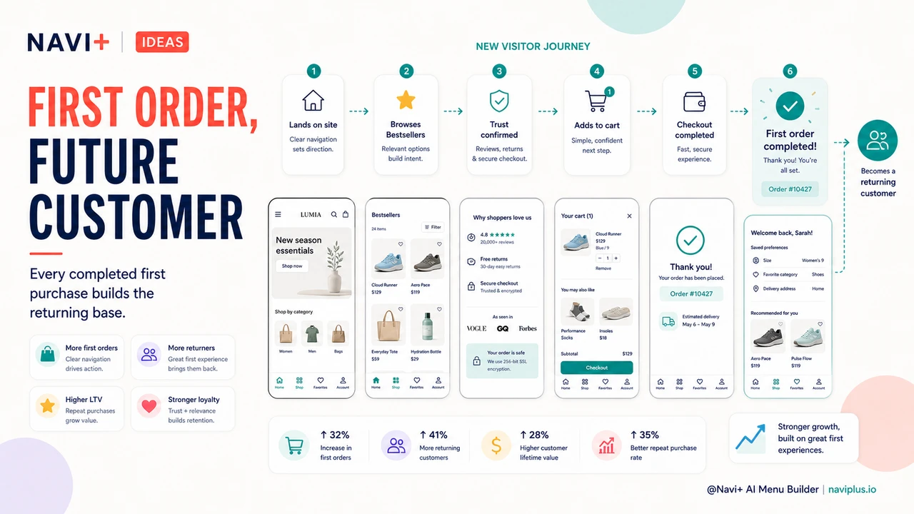 Outcome illustration for First-purchase navigation — removing every barrier between a new visitor and their first completed order