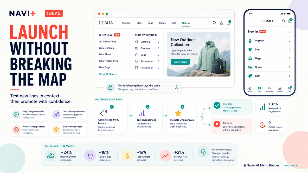 Outcome illustration for Integrating new products into existing navigation — how to expand without disorienting loyal visitors