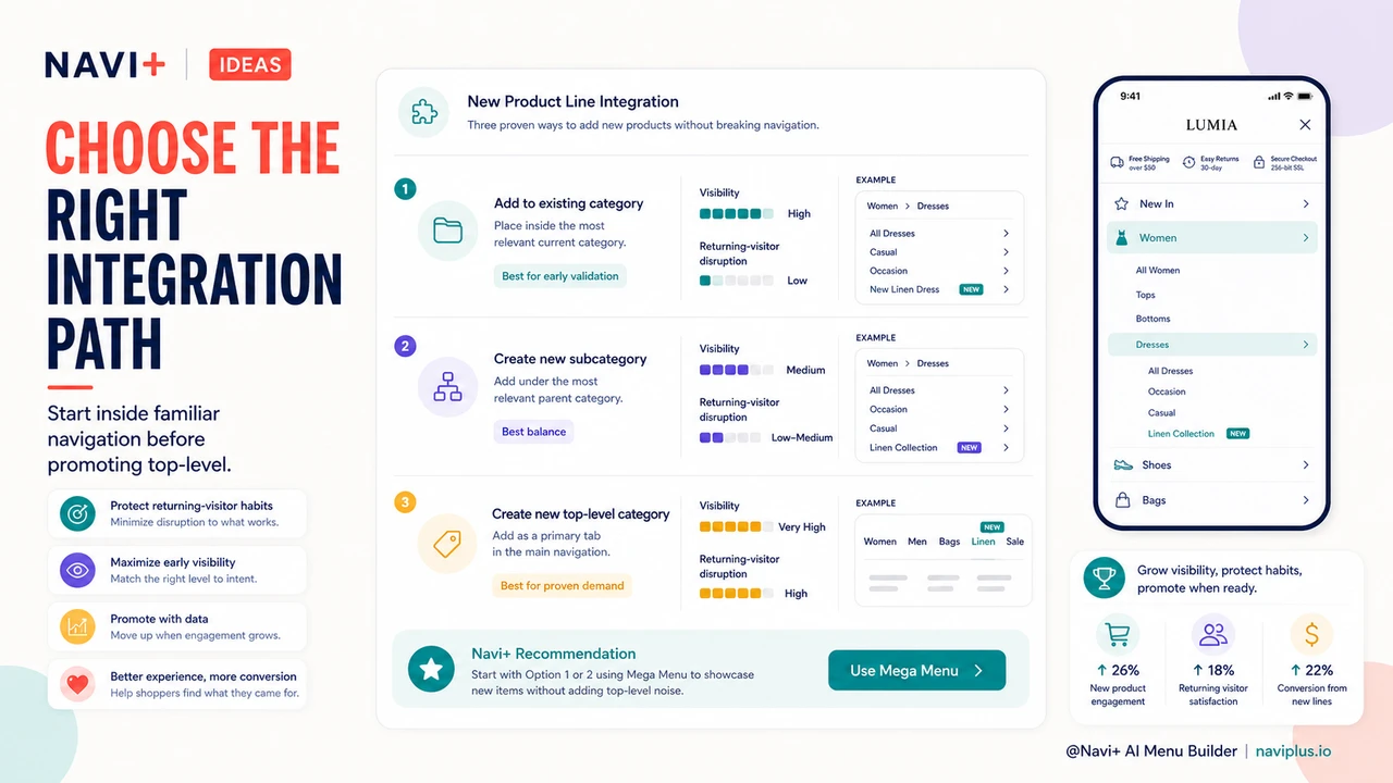 Solution illustration for Integrating new products into existing navigation — how to expand without disorienting loyal visitors
