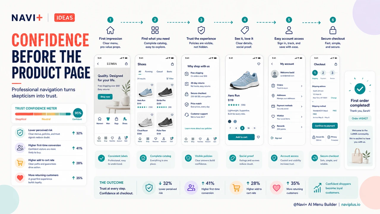 Outcome illustration for Trust hierarchy in navigation — how menu structure communicates authority before visitors read a word