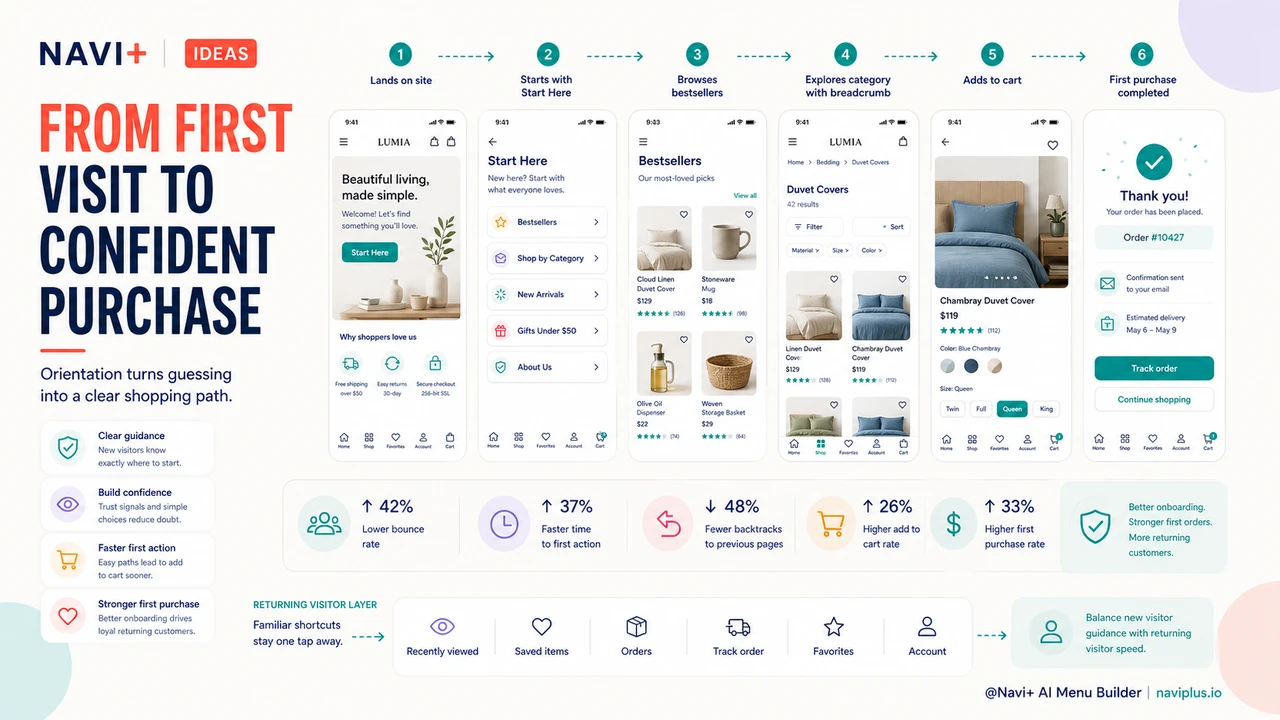 Outcome illustration for New visitors have no mental map of your store — navigation must build one instantly