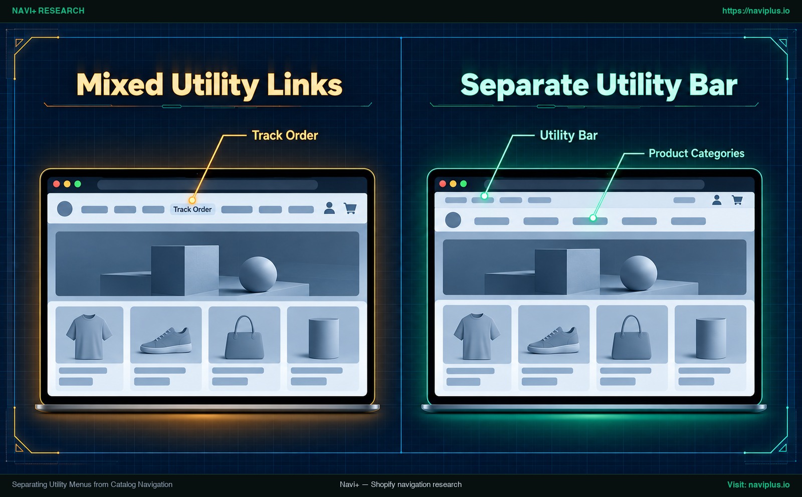 Header with utility links mixed into the main menu compared with a header that moves them into a utility bar